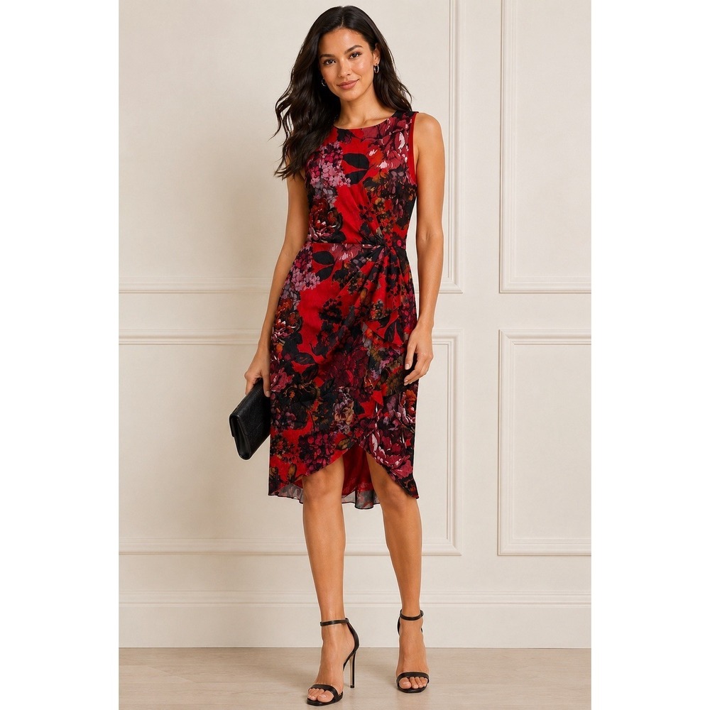 Calvin Klein Womens 10 Red Black‎ Floral Faux Wrap Tulip Hem Dress NWT
